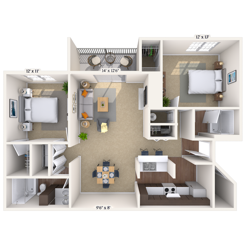 Floor plan for 2 beds, 2 baths, 1030 sqft